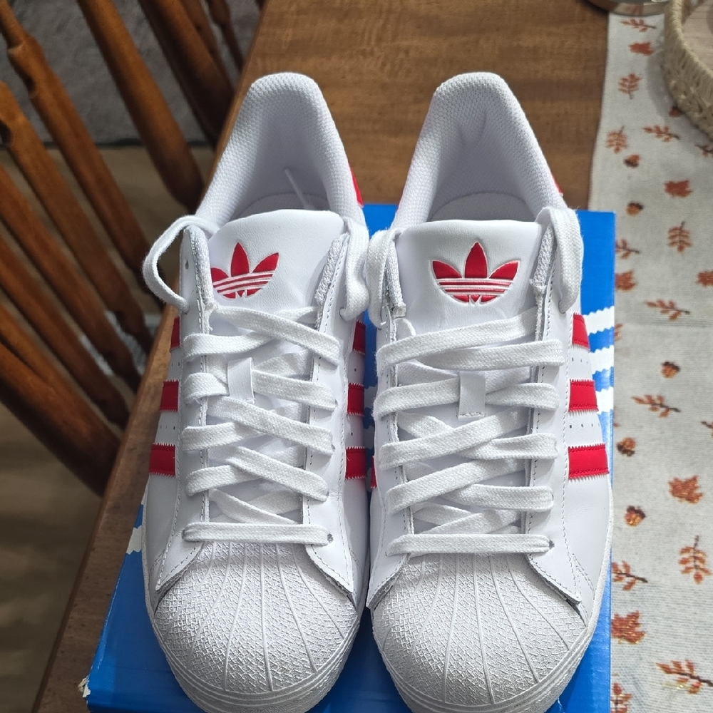 Adidas White Sneakers with Red Stripes